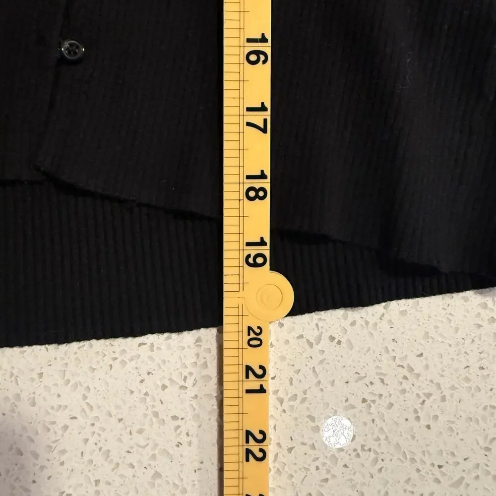 H&M Black Rib Knit Button Front Cardigan Top Collared Long Sleeve V Neck Medium - Picture 7 of 7